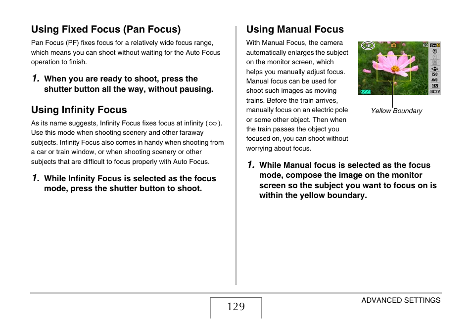 Using fixed focus (pan focus), Using infinity focus, Using manual focus | Casio EX-S880 User Manual | Page 129 / 293