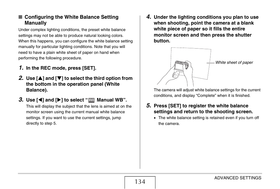 Configuring the white, Balance setting manually, E 134) | Casio EX-S880 User Manual | Page 134 / 293