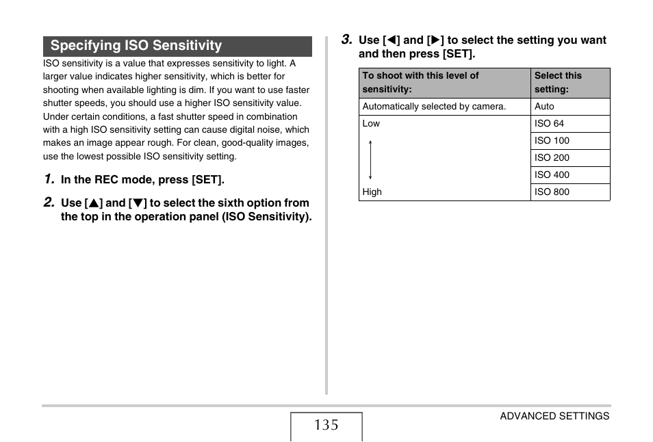 Specifying iso sensitivity, Ge 135), E 135) | Casio EX-S880 User Manual | Page 135 / 293