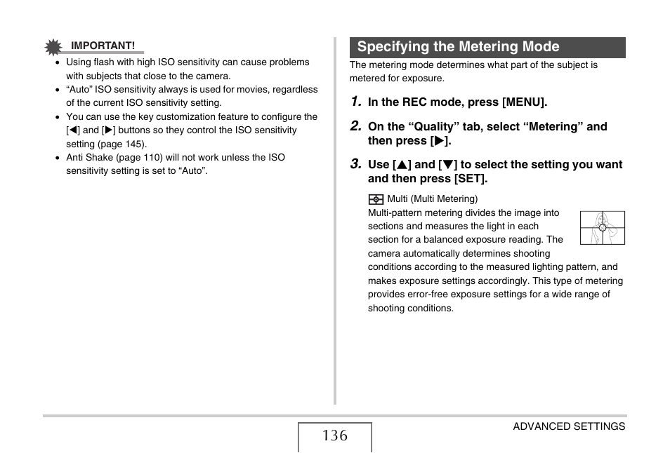 Specifying the metering mode | Casio EX-S880 User Manual | Page 136 / 293