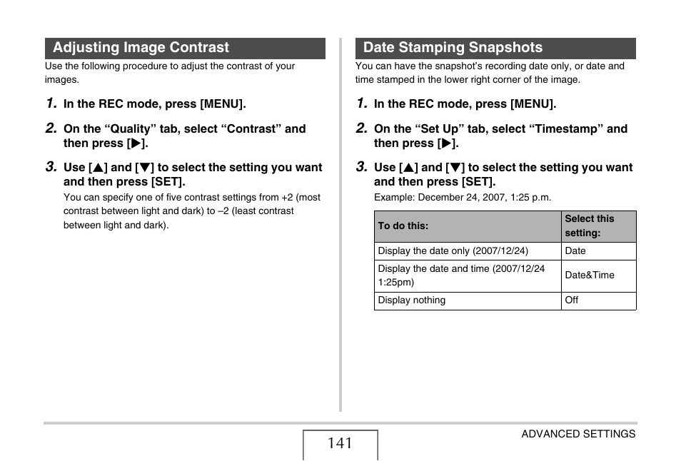 Adjusting image contrast, Date stamping snapshots, E 141) | Adjusting image contrast date stamping snapshots | Casio EX-S880 User Manual | Page 141 / 293