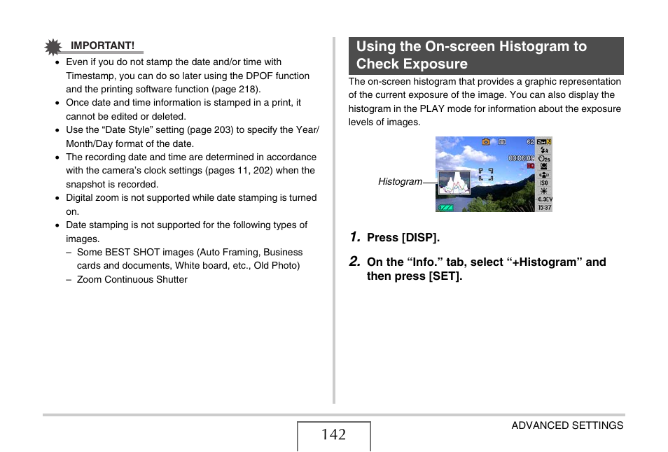 Using the on-screen histogram to check exposure | Casio EX-S880 User Manual | Page 142 / 293