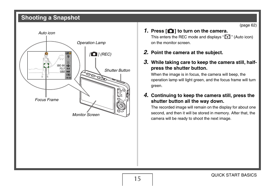 Shooting a snapshot, Shooting a, Snapshot” on | E 15 | Casio EX-S880 User Manual | Page 15 / 293