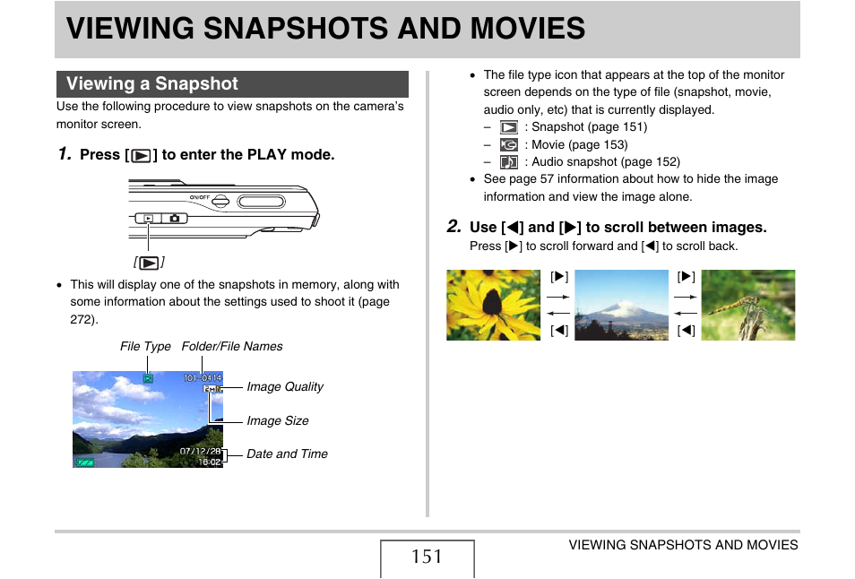 Viewing snapshots and movies, Viewing a snapshot | Casio EX-S880 User Manual | Page 151 / 293