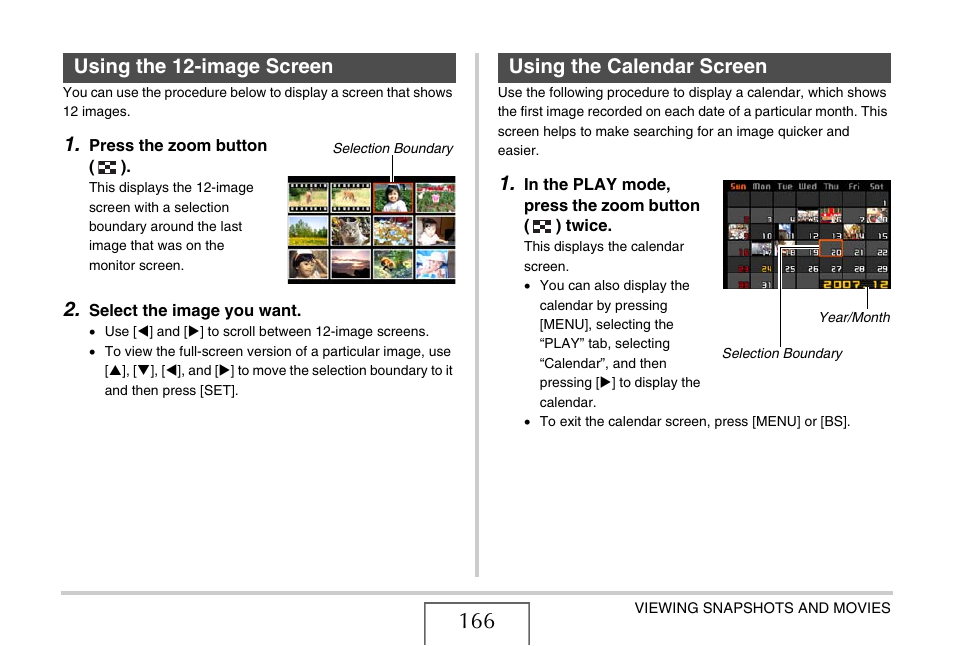 Using the 12-image screen, Using the calendar screen | Casio EX-S880 User Manual | Page 166 / 293