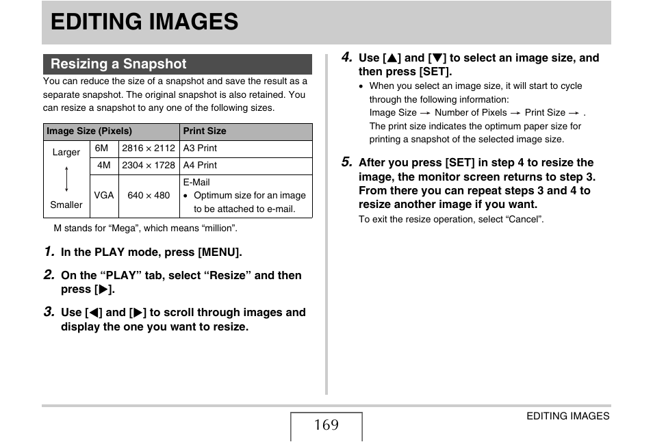 Editing images, Resizing a snapshot | Casio EX-S880 User Manual | Page 169 / 293