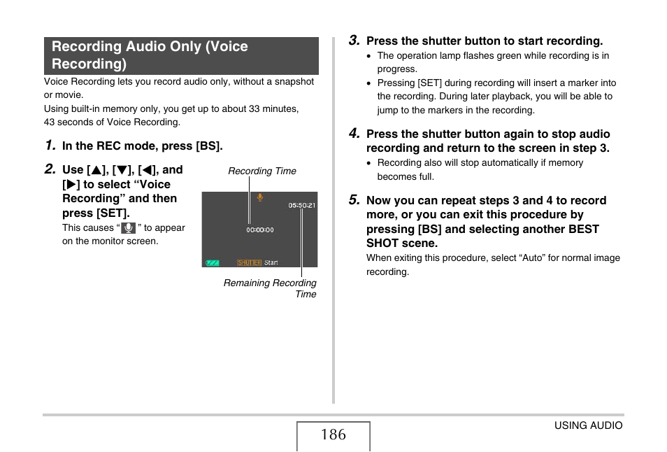 Recording audio only (voice recording) | Casio EX-S880 User Manual | Page 186 / 293