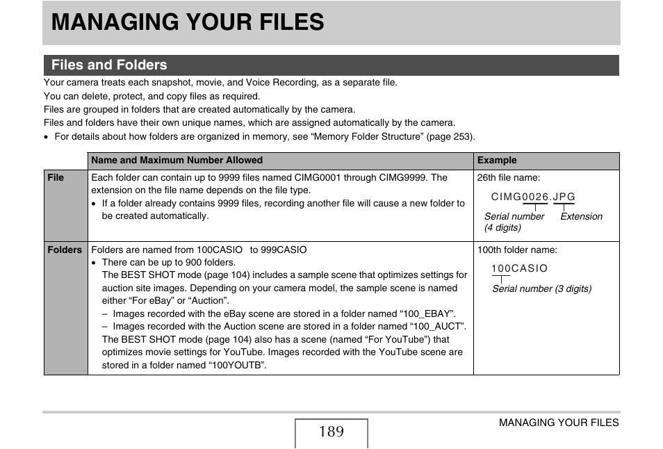 Managing your files, Files and folders | Casio EX-S880 User Manual | Page 189 / 293