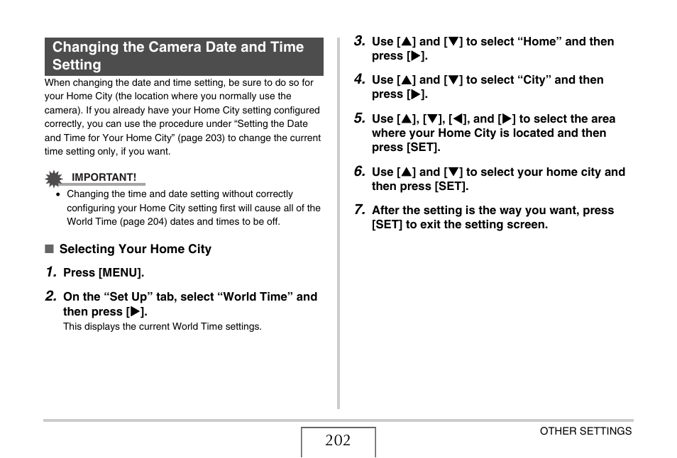 Changing the camera date and time setting, S 202 | Casio EX-S880 User Manual | Page 202 / 293