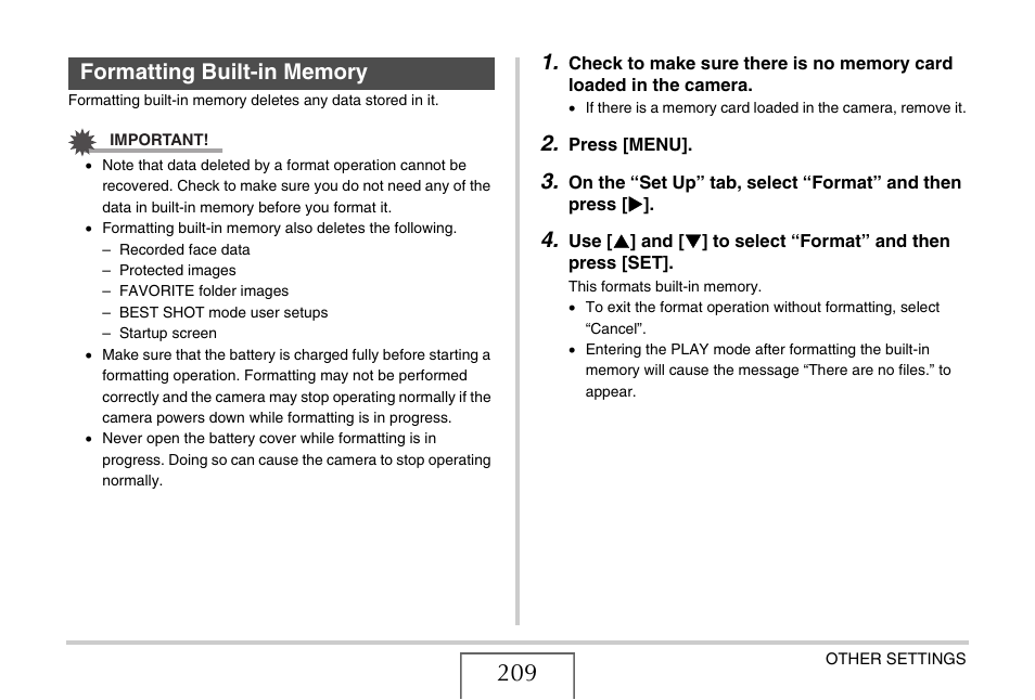 Formatting built-in memory | Casio EX-S880 User Manual | Page 209 / 293