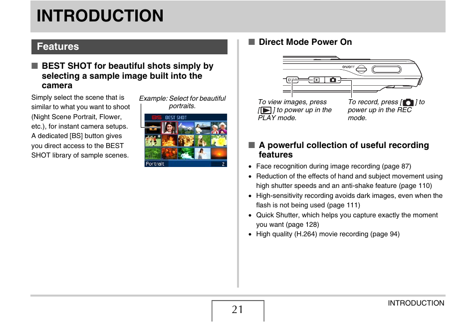 Introduction, Features | Casio EX-S880 User Manual | Page 21 / 293