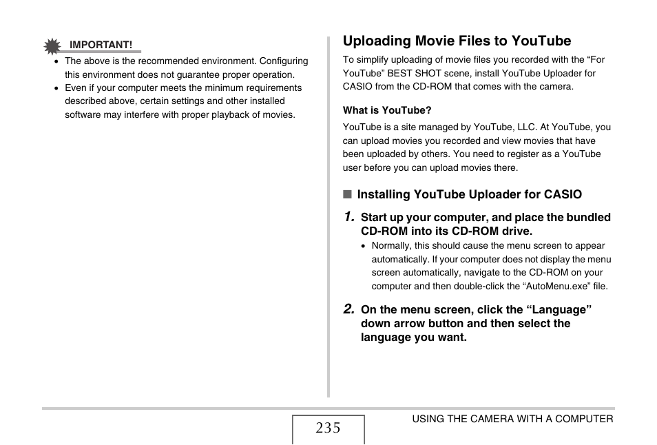 Uploading movie files to youtube | Casio EX-S880 User Manual | Page 235 / 293