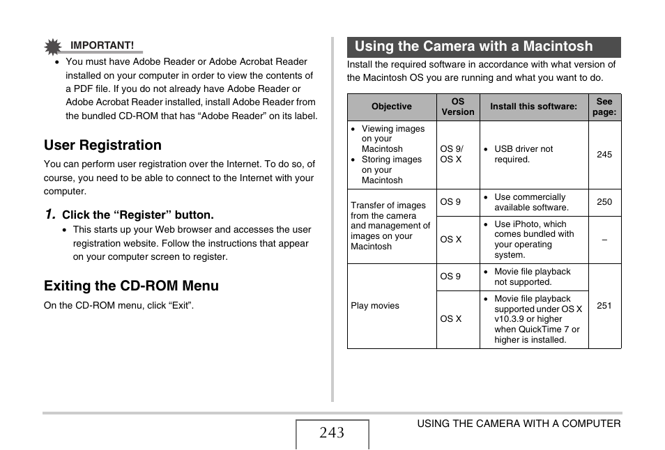 User registration, Exiting the cd-rom menu, Using the camera with a macintosh | Using the camera with a, Macintosh | Casio EX-S880 User Manual | Page 243 / 293