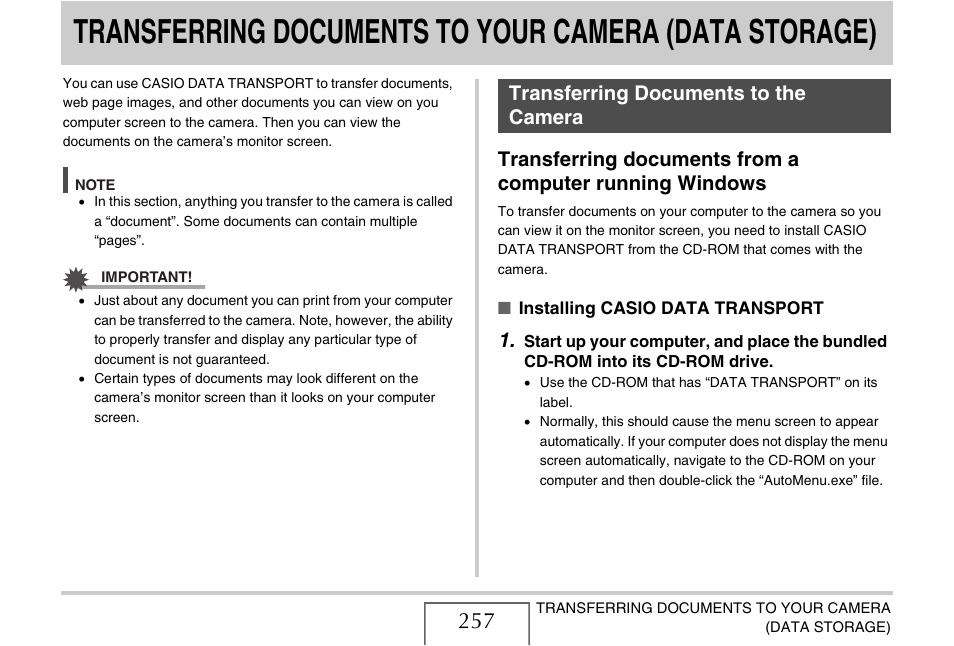 Transferring documents to the camera, E 257) | Casio EX-S880 User Manual | Page 257 / 293