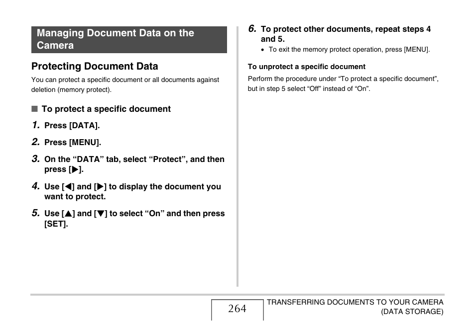 Managing document data on the camera, Protecting document data | Casio EX-S880 User Manual | Page 264 / 293