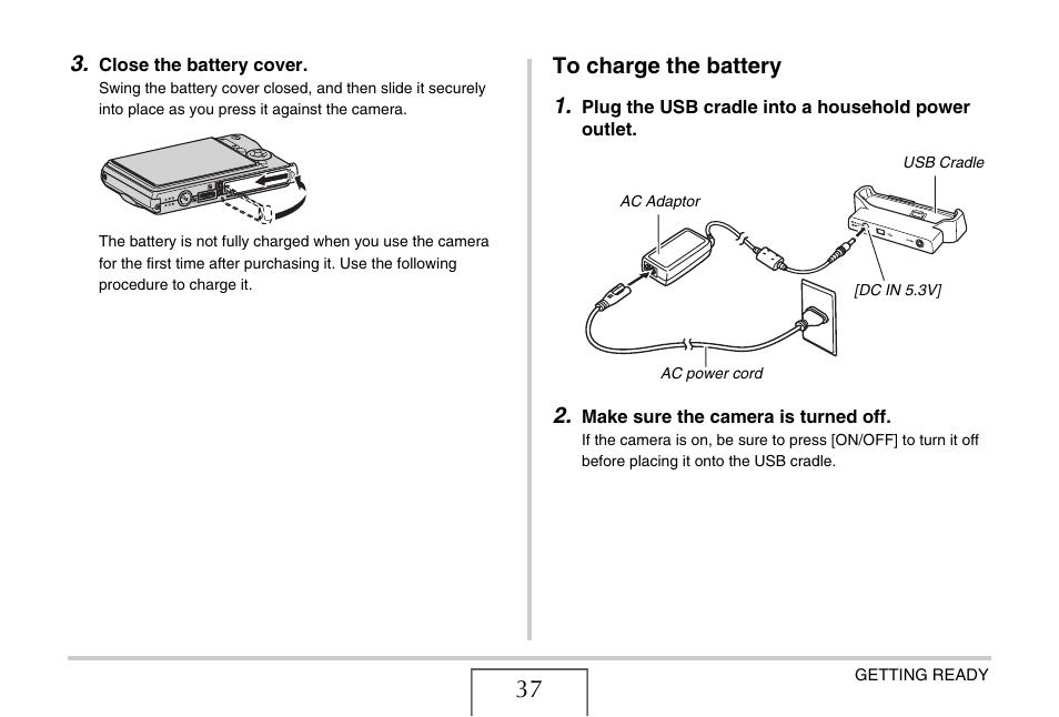 To charge the battery | Casio EX-S880 User Manual | Page 37 / 293