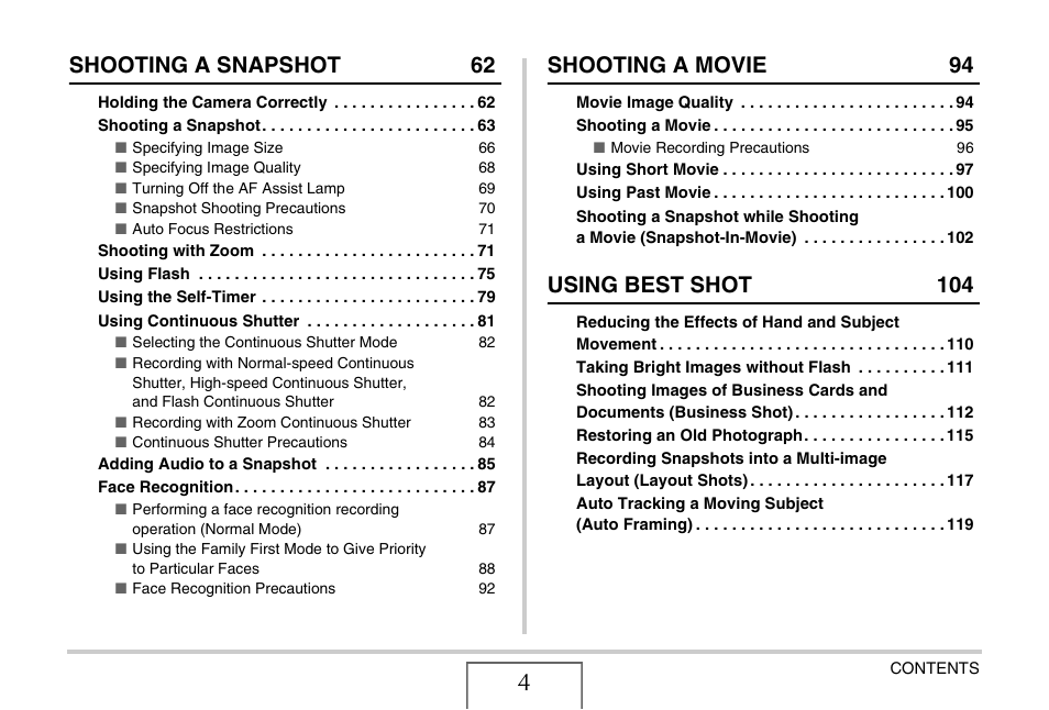 Shooting a snapshot 62, Shooting a movie 94, Using best shot 104 | Casio EX-S880 User Manual | Page 4 / 293