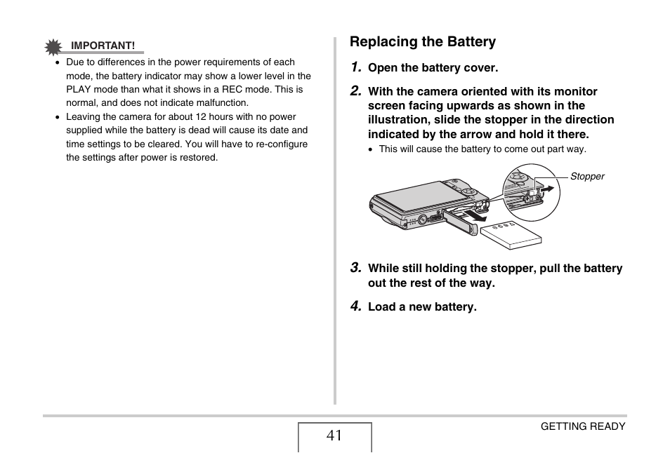Replacing the battery, Replacing the battery 1 | Casio EX-S880 User Manual | Page 41 / 293
