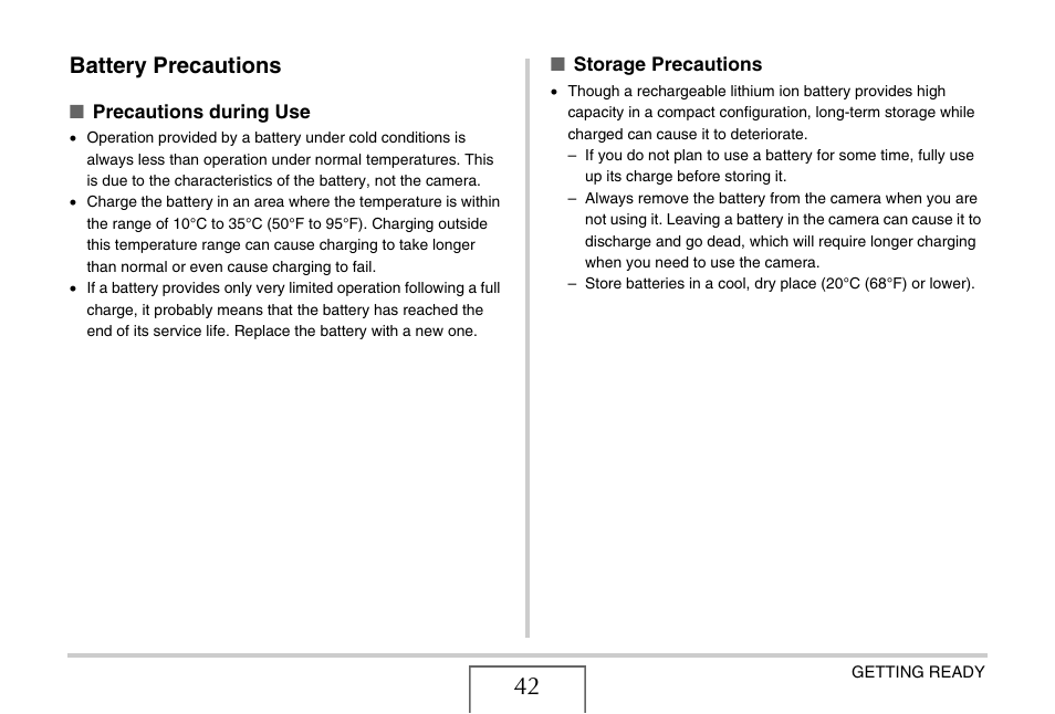 Battery precautions | Casio EX-S880 User Manual | Page 42 / 293