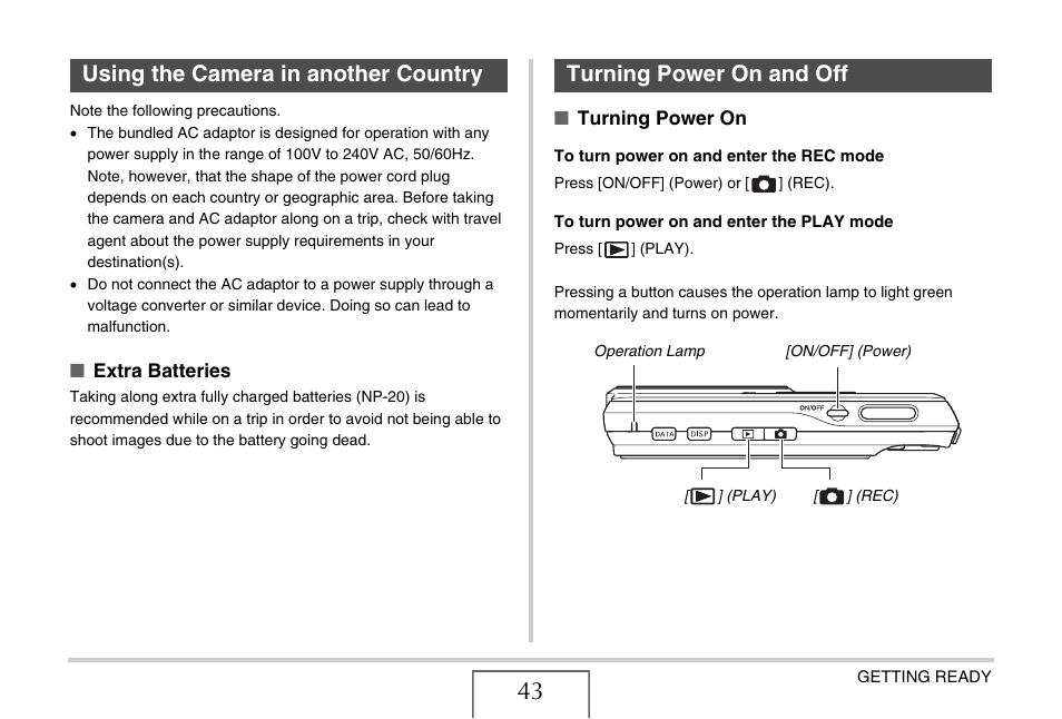 Using the camera in another country, Turning power on and off | Casio EX-S880 User Manual | Page 43 / 293