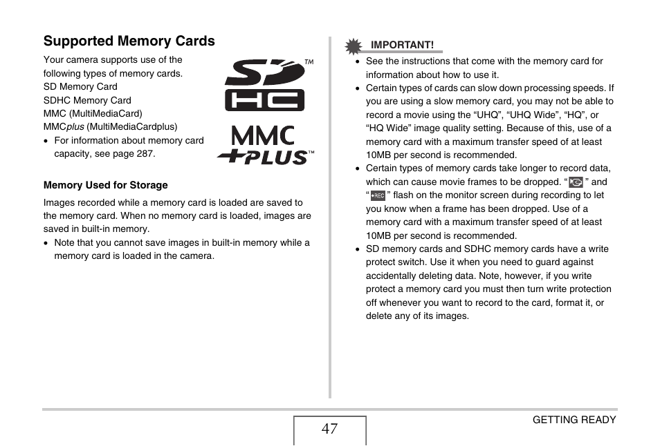 Supported memory cards | Casio EX-S880 User Manual | Page 47 / 293