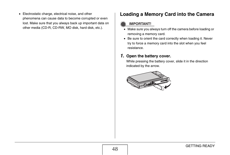 Loading a memory card into the camera | Casio EX-S880 User Manual | Page 48 / 293