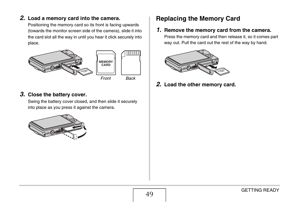 Replacing the memory card | Casio EX-S880 User Manual | Page 49 / 293