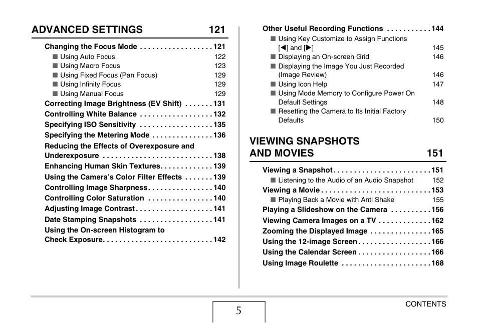 Advanced settings 121, Viewing snapshots and movies 151 | Casio EX-S880 User Manual | Page 5 / 293