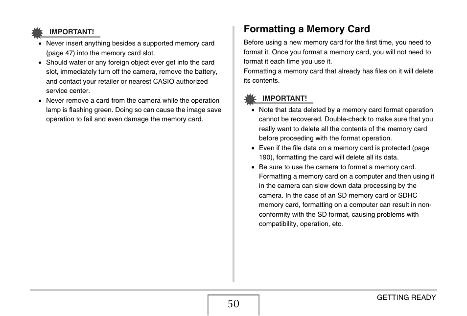 Formatting a memory card | Casio EX-S880 User Manual | Page 50 / 293