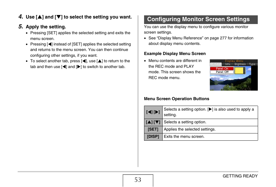 Configuring monitor screen settings | Casio EX-S880 User Manual | Page 53 / 293