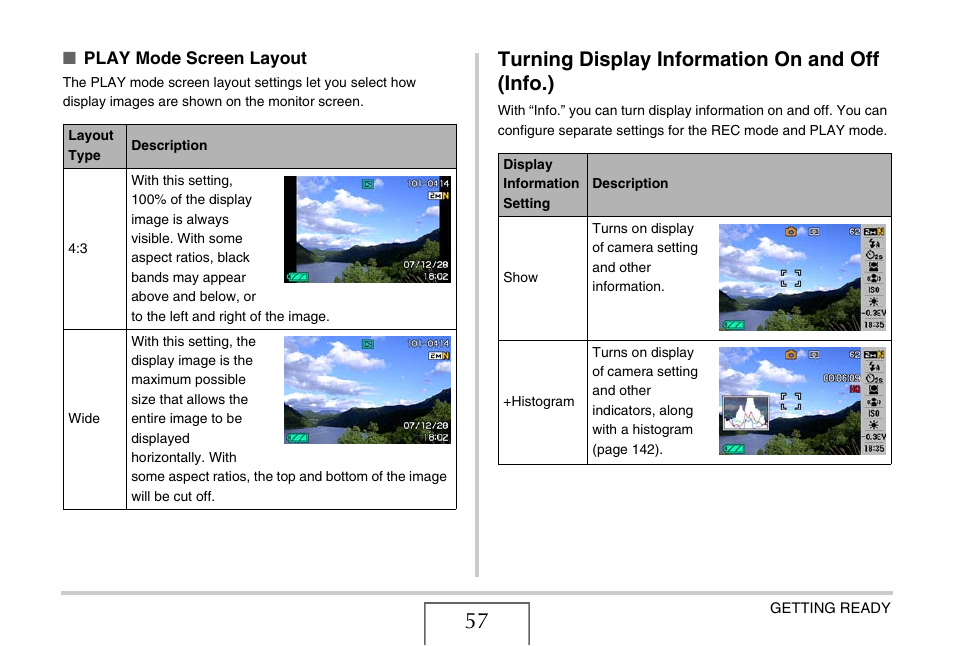 Turning display information on and off (info.), Play mode screen layout | Casio EX-S880 User Manual | Page 57 / 293