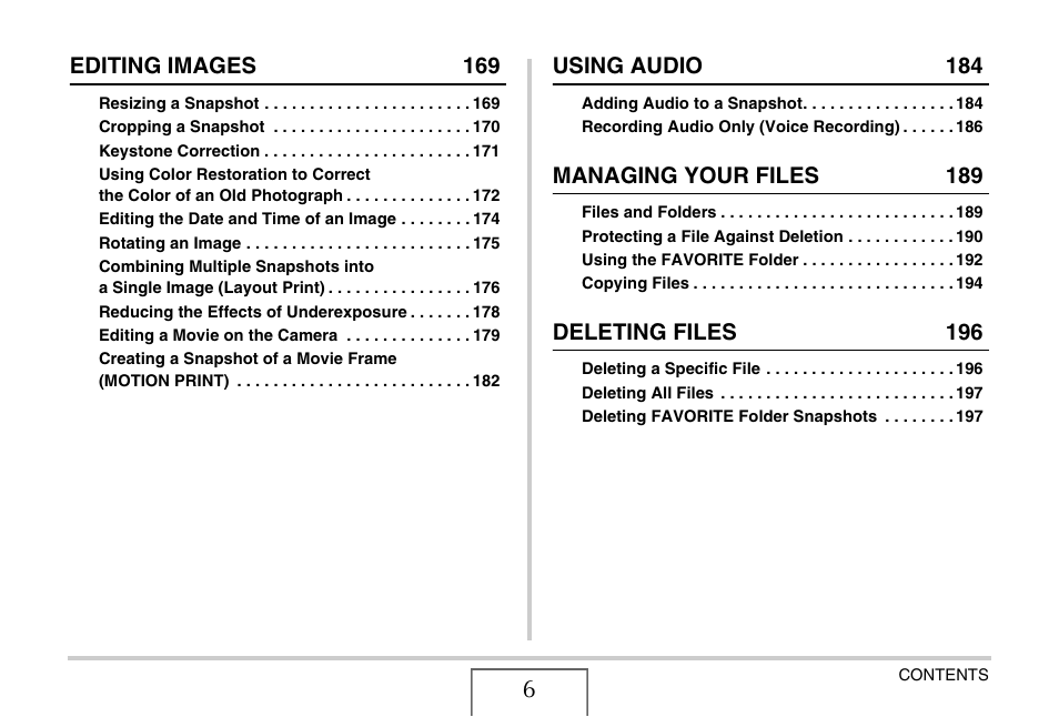 Editing images 169, Using audio 184, Managing your files 189 | Deleting files 196 | Casio EX-S880 User Manual | Page 6 / 293