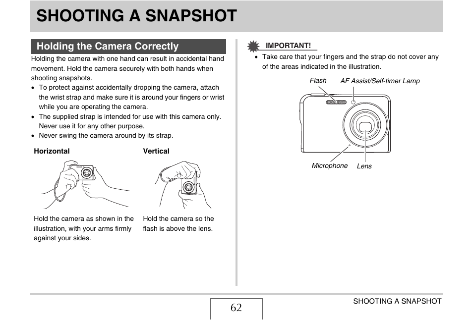 Shooting a snapshot, Holding the camera correctly | Casio EX-S880 User Manual | Page 62 / 293