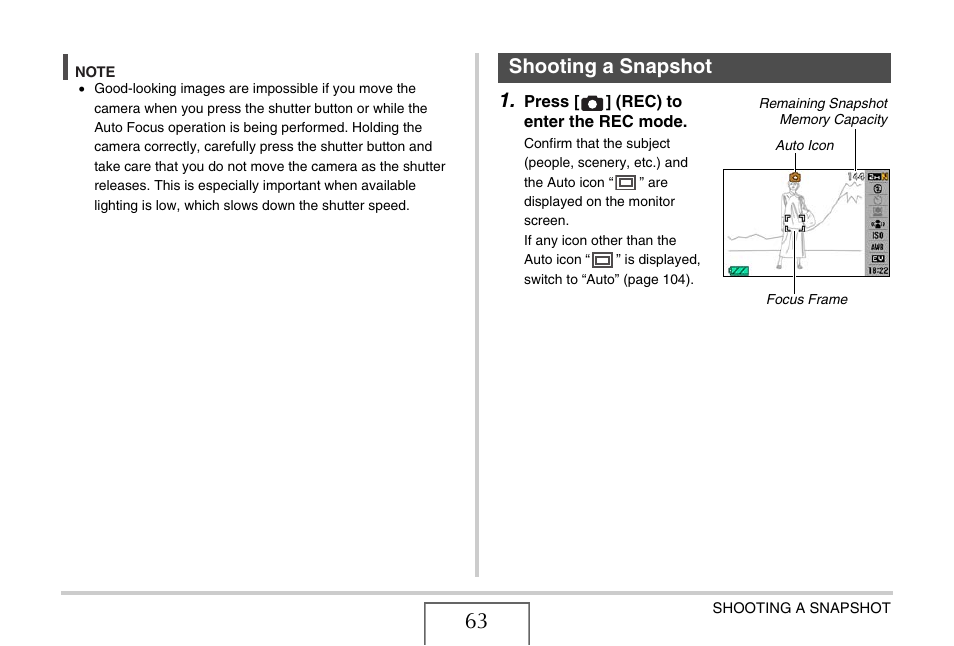 Shooting a snapshot | Casio EX-S880 User Manual | Page 63 / 293