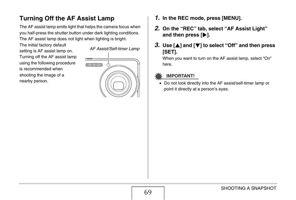 Turning off the af assist lamp | Casio EX-S880 User Manual | Page 69 / 293