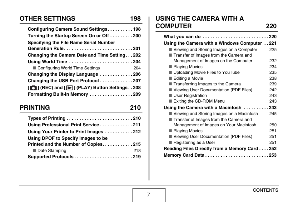 Other settings 198, Printing 210, Using the camera with a computer 220 | Casio EX-S880 User Manual | Page 7 / 293