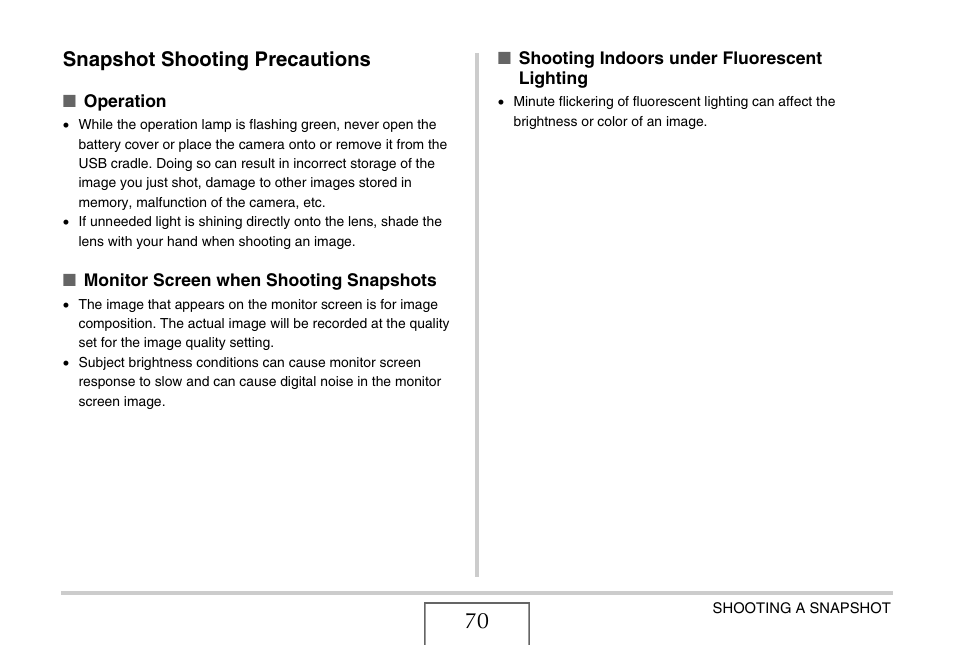 Snapshot shooting precautions | Casio EX-S880 User Manual | Page 70 / 293