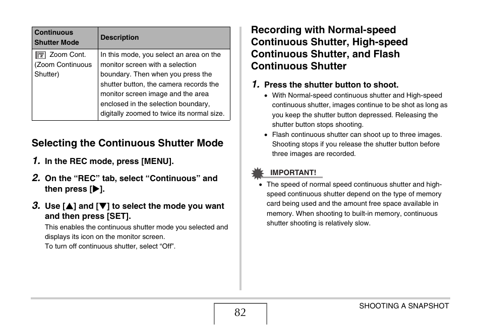 Selecting the continuous shutter mode, Selecting the continuous shutter mode 1 | Casio EX-S880 User Manual | Page 82 / 293