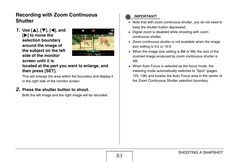 Recording with zoom continuous shutter, Recording with zoom continuous shutter 1 | Casio EX-S880 User Manual | Page 83 / 293
