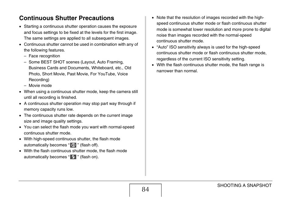 Continuous shutter precautions | Casio EX-S880 User Manual | Page 84 / 293