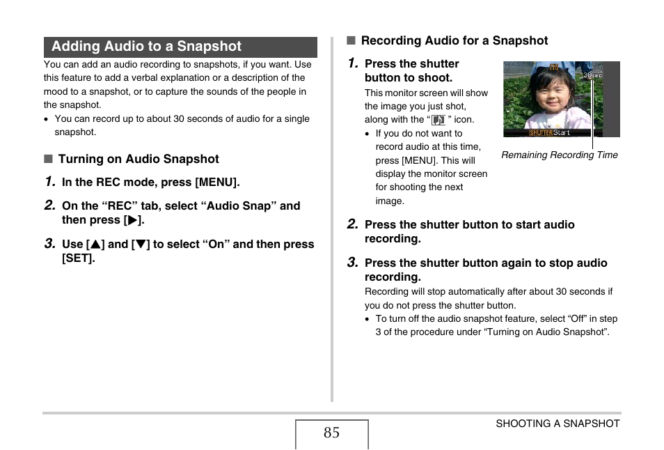 Adding audio to a snapshot | Casio EX-S880 User Manual | Page 85 / 293