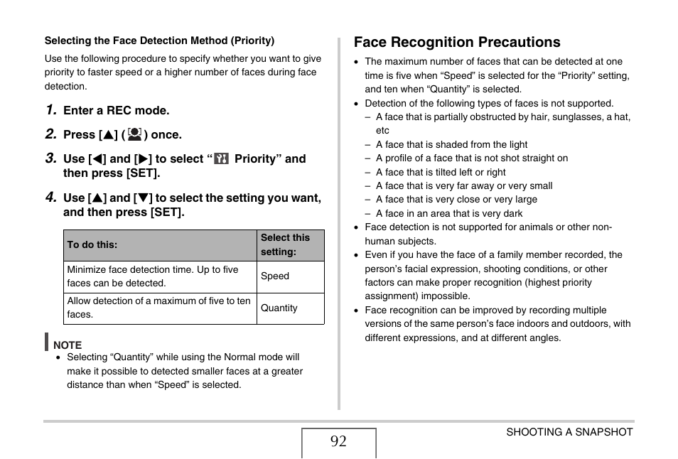 Face recognition precautions | Casio EX-S880 User Manual | Page 92 / 293