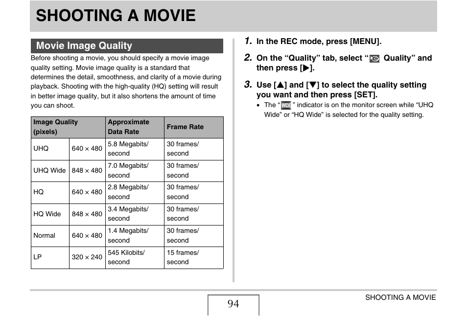 Shooting a movie, Movie image quality, E 94) | Casio EX-S880 User Manual | Page 94 / 293