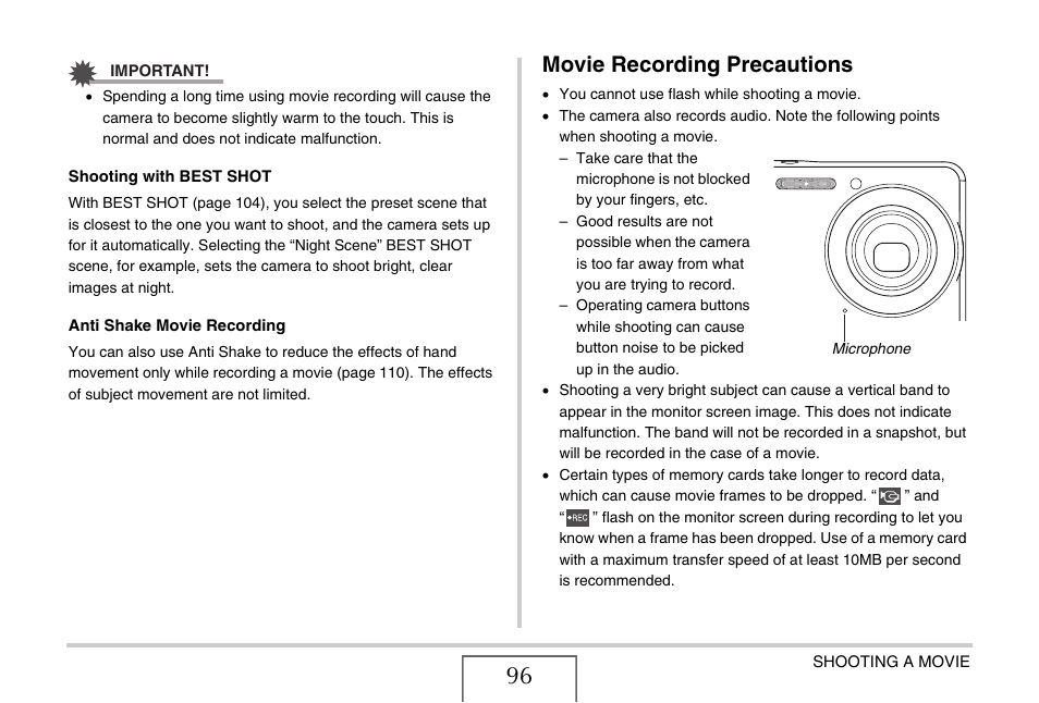 Movie recording precautions | Casio EX-S880 User Manual | Page 96 / 293