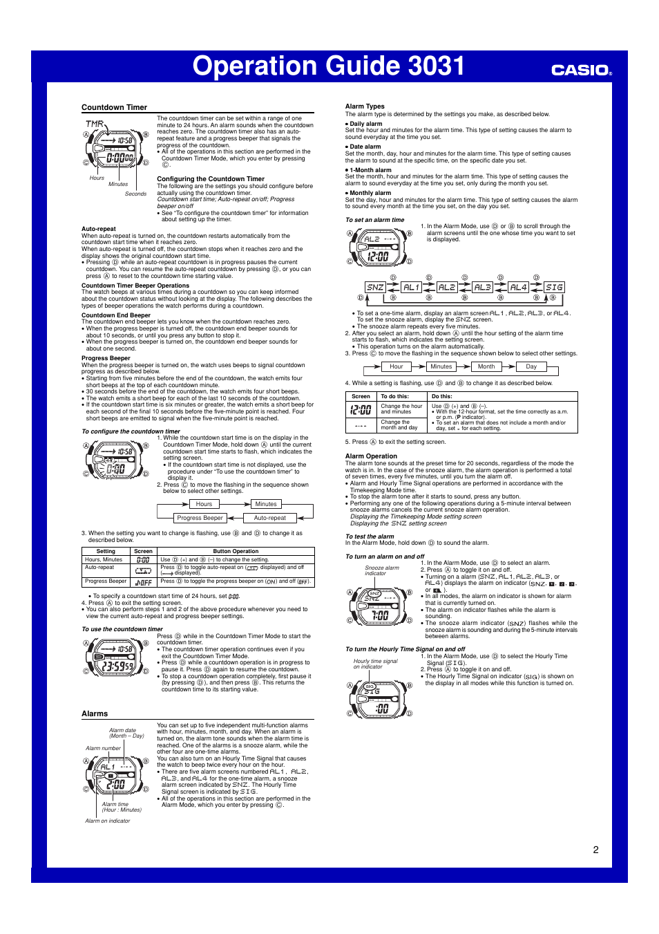 Countdown timer, Alarms, Operation guide 3031 | Casio 3031 User Manual | Page 2 / 4