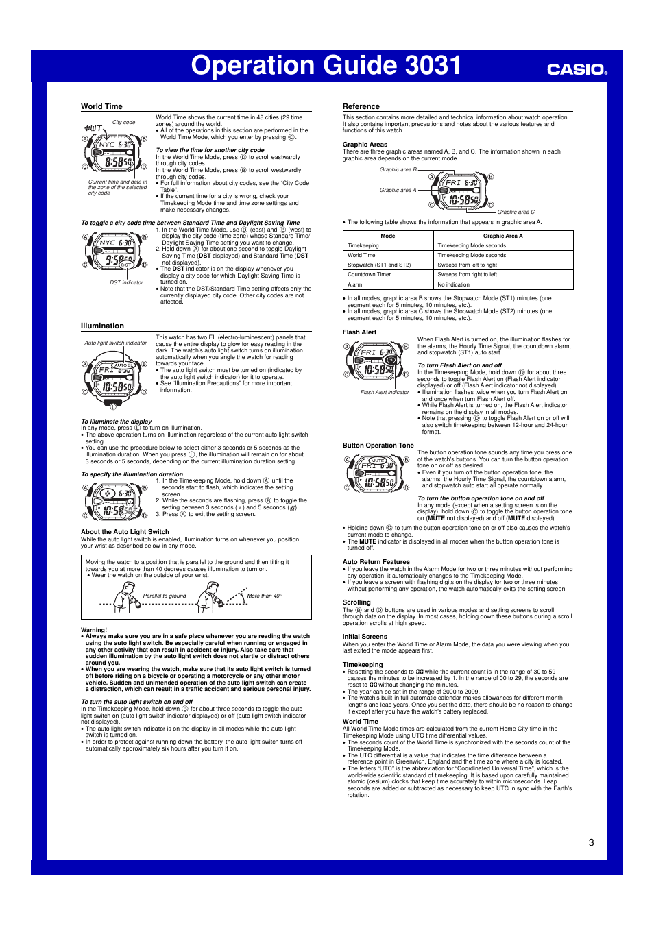 World time, Illumination, Reference | Operation guide 3031 | Casio 3031 User Manual | Page 3 / 4