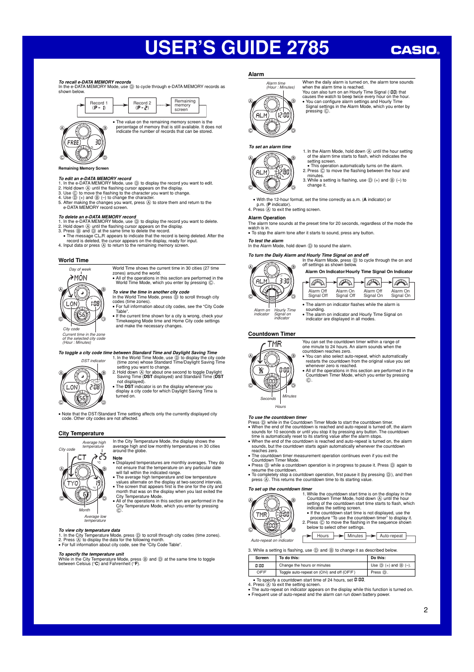 World time, City temperature, Alarm | Countdown timer, User’s guide 2785 | Casio USER’S GUIDE 2785 User Manual | Page 2 / 4