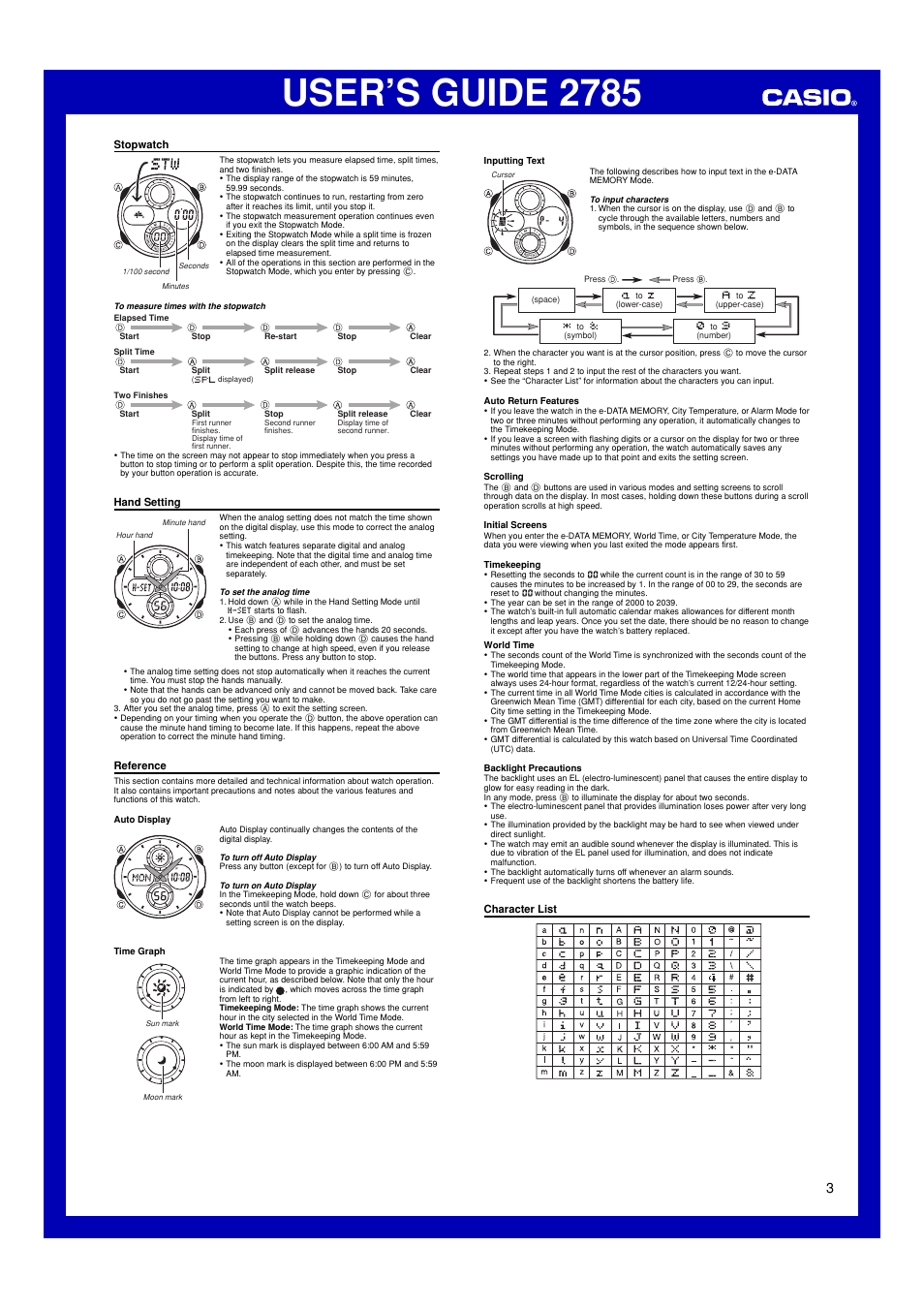 Stopwatch, Hand setting, Reference | Character list, User’s guide 2785 | Casio USER’S GUIDE 2785 User Manual | Page 3 / 4