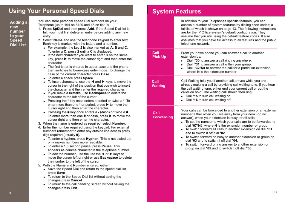 Using your personal speed dials, System features | Avaya IP OFFICE 5410 User Manual | Page 6 / 8