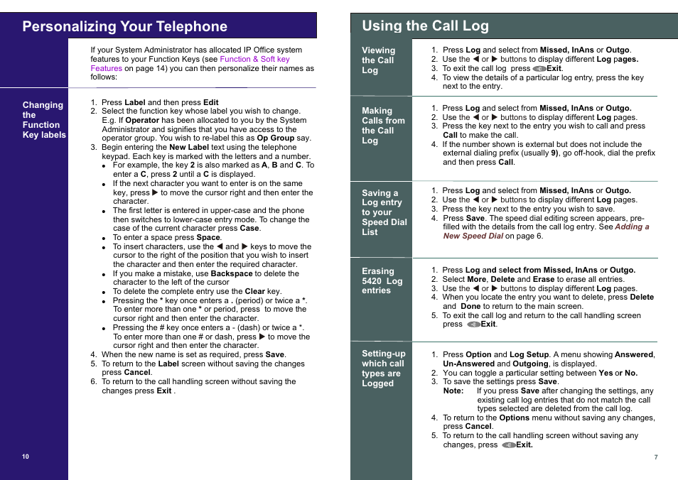 Personalizing your telephone using the call log | Avaya IP OFFICE 5410 User Manual | Page 7 / 8